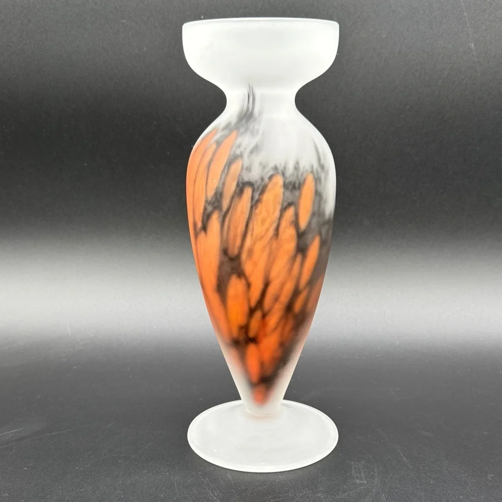 Tarnowiec Frosted Glass Orange and Black Vase Hand Blown Art Glass 10